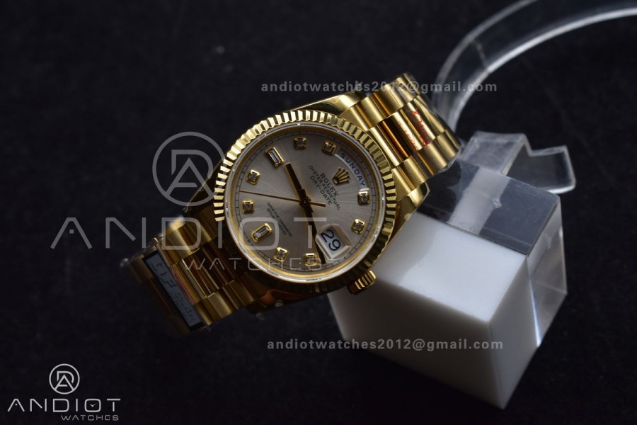 DayDate 36 YG QF Best Edition 904L Steel Silver Dial with Square Diamond on President Bracelet vr3255 V5 (Gain Weight)