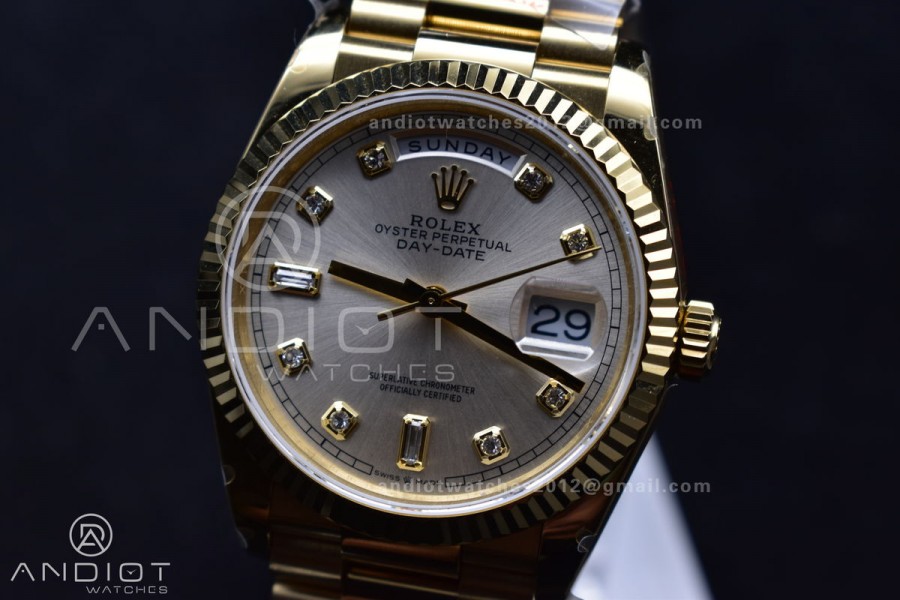 DayDate 36 YG QF Best Edition 904L Steel Silver Dial with Square Diamond on President Bracelet vr3255 V5 (Gain Weight)