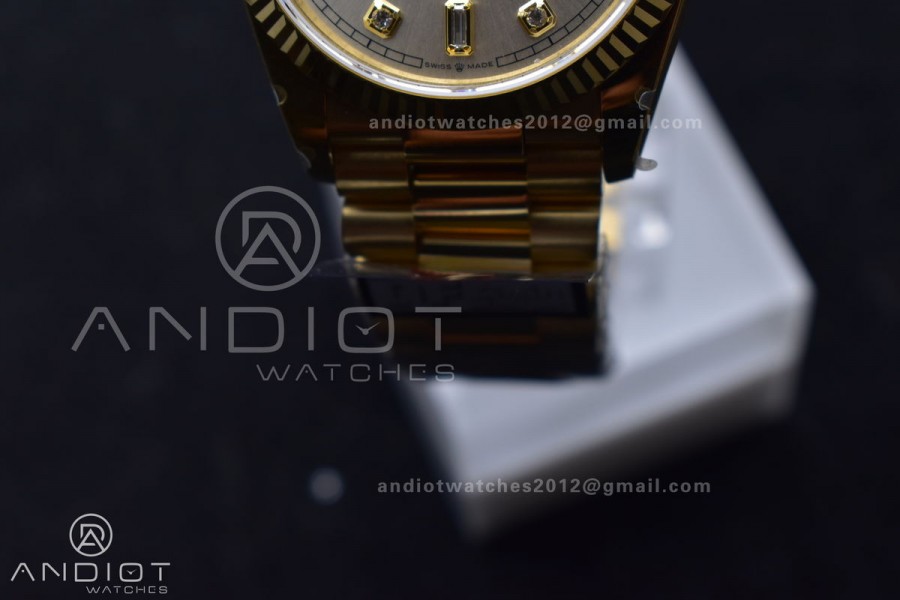 DayDate 36 YG QF Best Edition 904L Steel Silver Dial with Square Diamond on President Bracelet vr3255 V5 (Gain Weight)