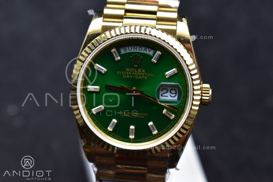 DayDate 36 YG QF Best Edition 904L Steel Green Dial with Stick Diamond on President Bracelet vr3255 V5 (Gain Weight)