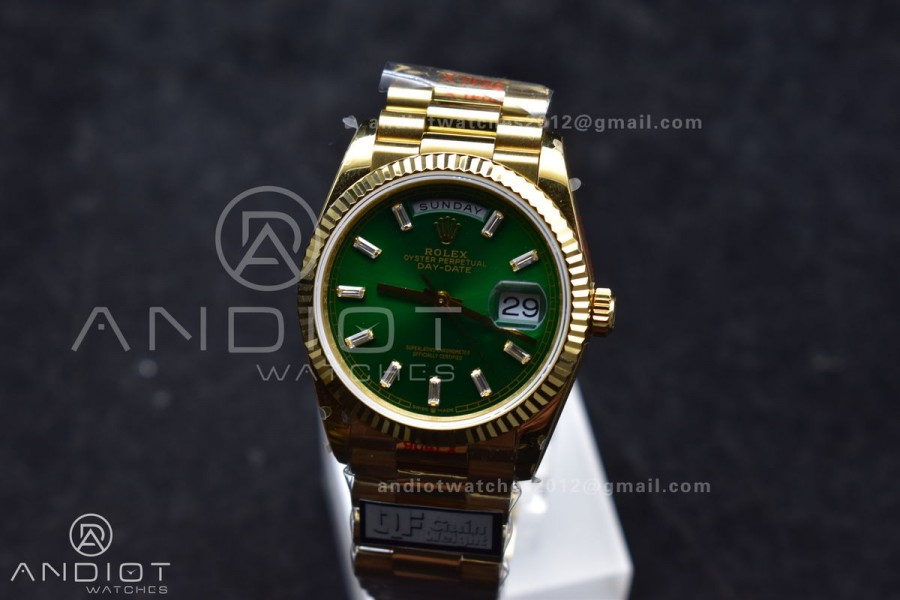 DayDate 36 YG QF Best Edition 904L Steel Green Dial with Stick Diamond on President Bracelet vr3255 V5 (Gain Weight)