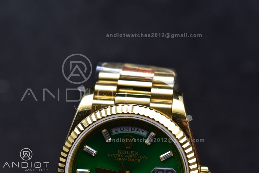 DayDate 36 YG QF Best Edition 904L Steel Green Dial with Stick Diamond on President Bracelet vr3255 V5 (Gain Weight)
