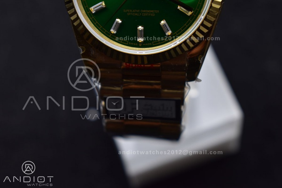 DayDate 36 YG QF Best Edition 904L Steel Green Dial with Stick Diamond on President Bracelet vr3255 V5 (Gain Weight)