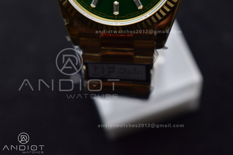 DayDate 36 YG QF Best Edition 904L Steel Green Dial with Stick Diamond on President Bracelet vr3255 V5 (Gain Weight)