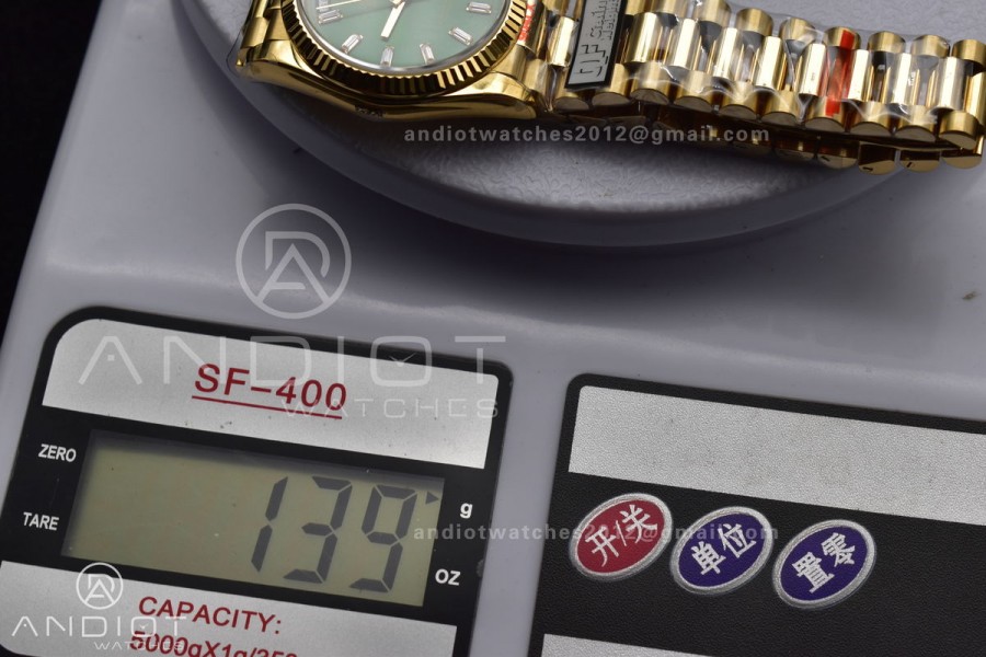 DayDate 36 YG QF Best Edition 904L Steel Green Dial with Stick Diamond on President Bracelet vr3255 V5 (Gain Weight)