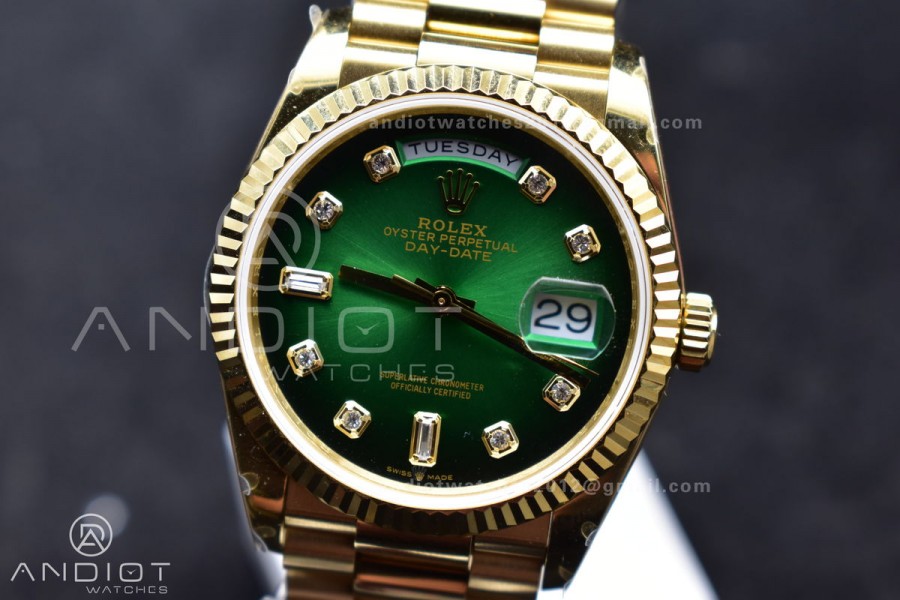 DayDate 36 YG QF Best Edition 904L Steel Faded Green Dial with Square Diamond on President Bracelet vr3255 V5 (Gain Weight)