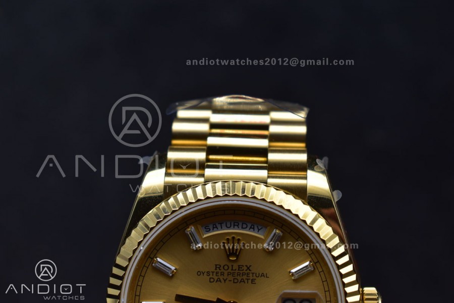 DayDate 36 YG QF Best Edition 904L Steel Gold Dial with Stick Diamond on President Bracelet vr3255 V5 (Gain Weight)