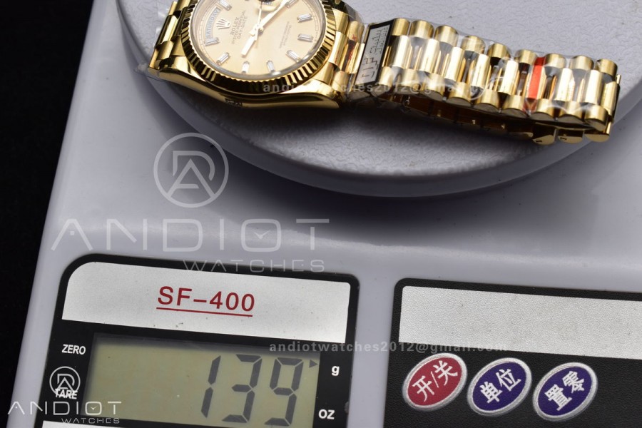 DayDate 36 YG QF Best Edition 904L Steel Gold Dial with Stick Diamond on President Bracelet vr3255 V5 (Gain Weight)