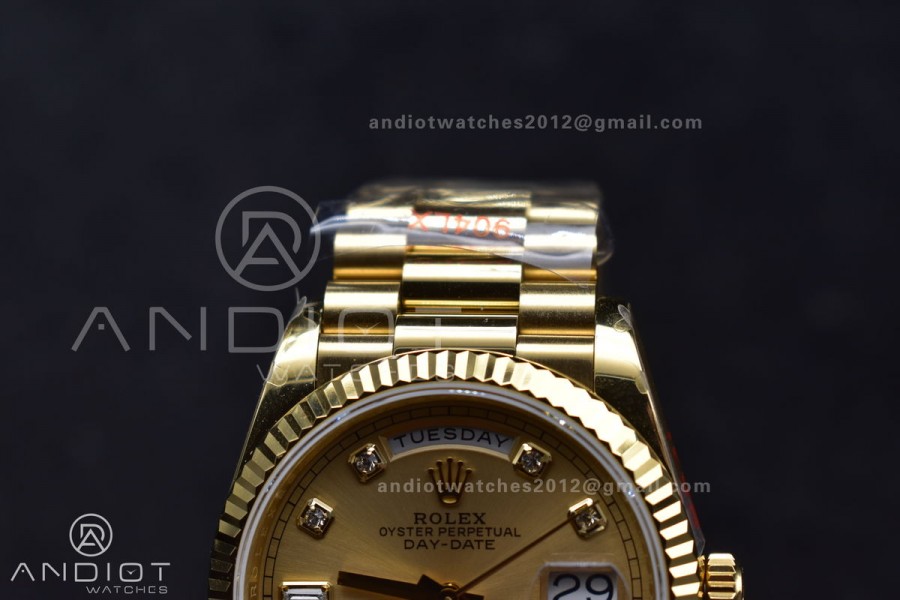 DayDate 36 YG QF Best Edition 904L Steel Gold Dial with Square Diamond on President Bracelet vr3255 V5 (Gain Weight)