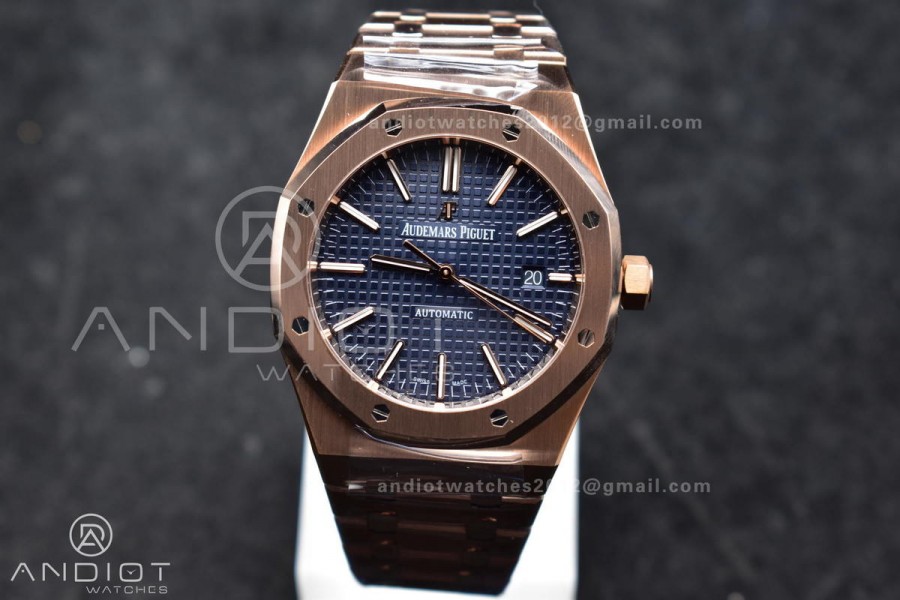 Royal Oak 41mm 15400 RG APSF 1:1 Best Edition Blue Textured Dial on RG Bracelet SA3120 Super Clone V3