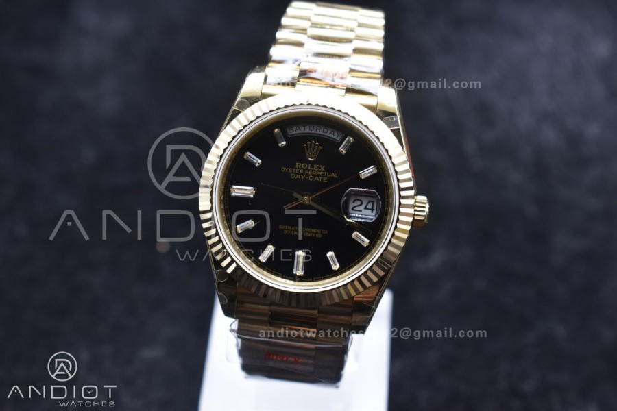 DayDate 40 RG GMF Tungsten Weighted 904L Steel Black Dial with Crystal Markers On President Bracelet A2836 V2