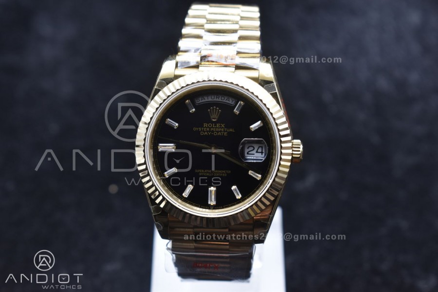 DayDate 40 RG GMF Tungsten Weighted 904L Steel Black Dial with Crystal Markers On President Bracelet A2836 V2