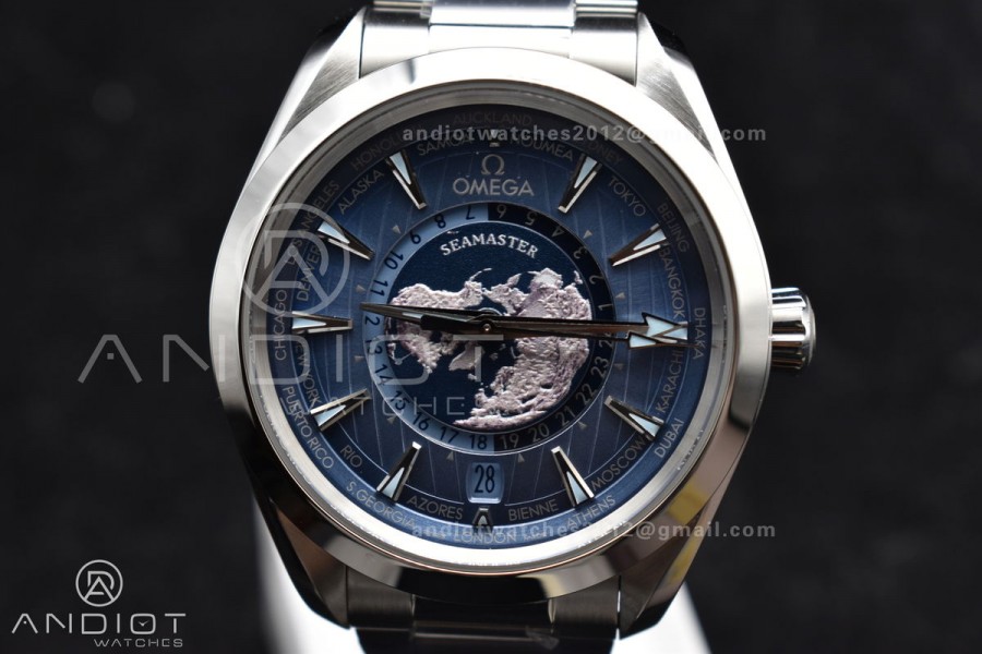 Aqua Terra GMT Worldtimer 43mm VSF 1:1 Best Edition Summer Blue Dial On Stainless Bracelet A8938 Super Clone