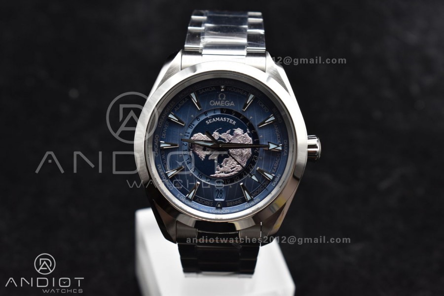 Aqua Terra GMT Worldtimer 43mm VSF 1:1 Best Edition Summer Blue Dial On Stainless Bracelet A8938 Super Clone