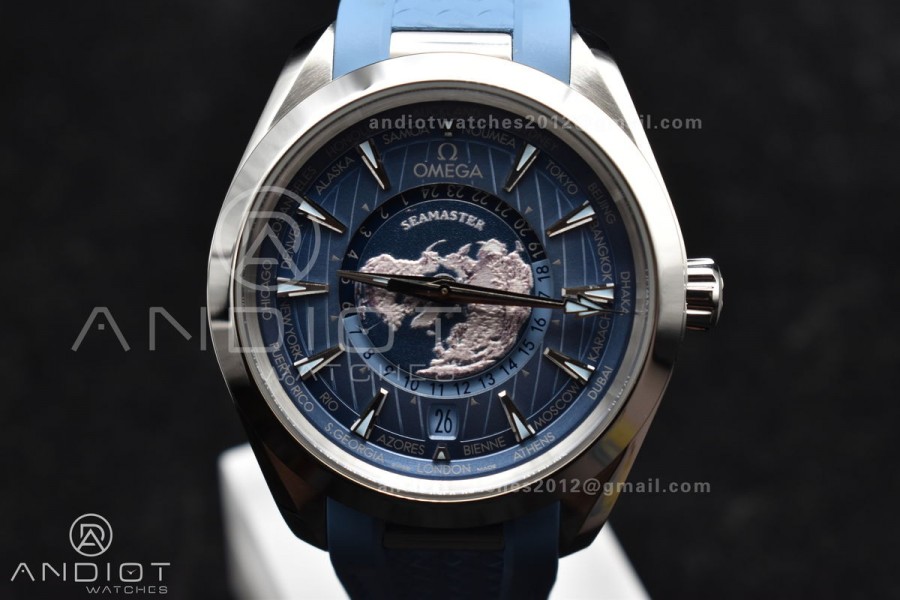 Aqua Terra GMT Worldtimer 43mm VSF 1:1 Best Edition Summer Blue Dial on Blue Rubber Strap A8938 Super Clone