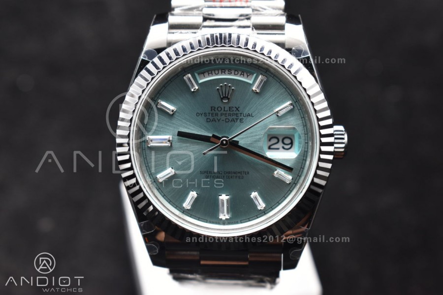 DayDate 40 SS GMF 904L Steel Ice Blue Stick Dial On President Bracelet A3255 V2