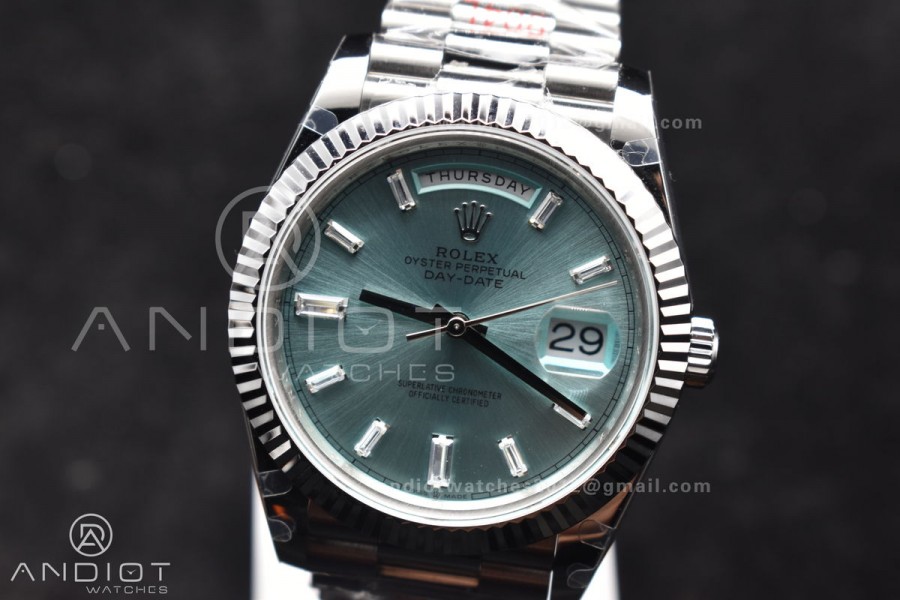 DayDate 40 SS GMF 904L Steel Ice Blue Stick Dial On President Bracelet A3255 V2
