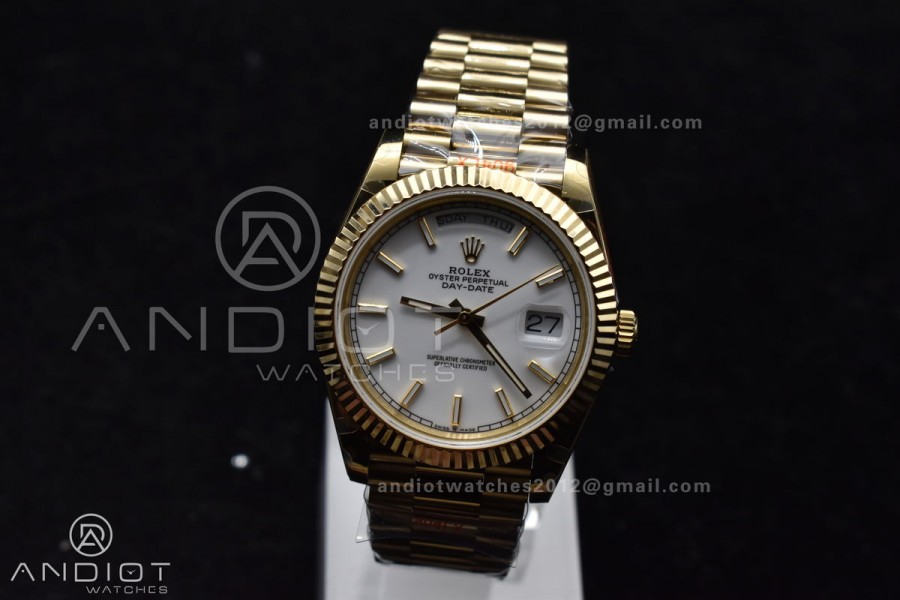 DayDate 40 YG GMF Tungsten Weighted 904L Steel White Dial Stick Markers On President Bracelet A2836 V2