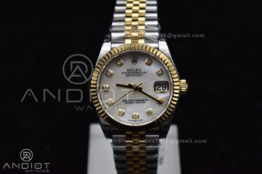DateJust 31 Ladies 278271 GSF 316L Steel MOP Diamond Dial On YG President Bracelet