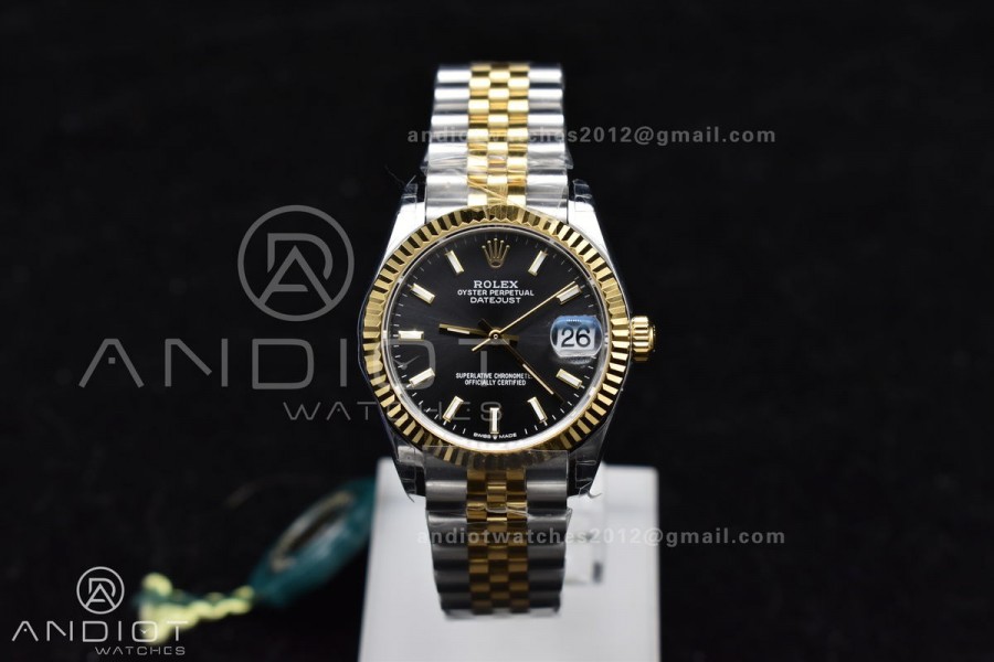 DateJust 31 Ladies 278273 GSF 316L Steel Black Dial Stick Markers on YG President Bracelet