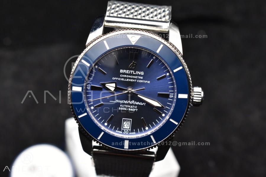 SuperOcean Heritage II BLSF 42mm SS Blue Dial Blue Ceramic Bezel on SS Mesh Bracelet A2824