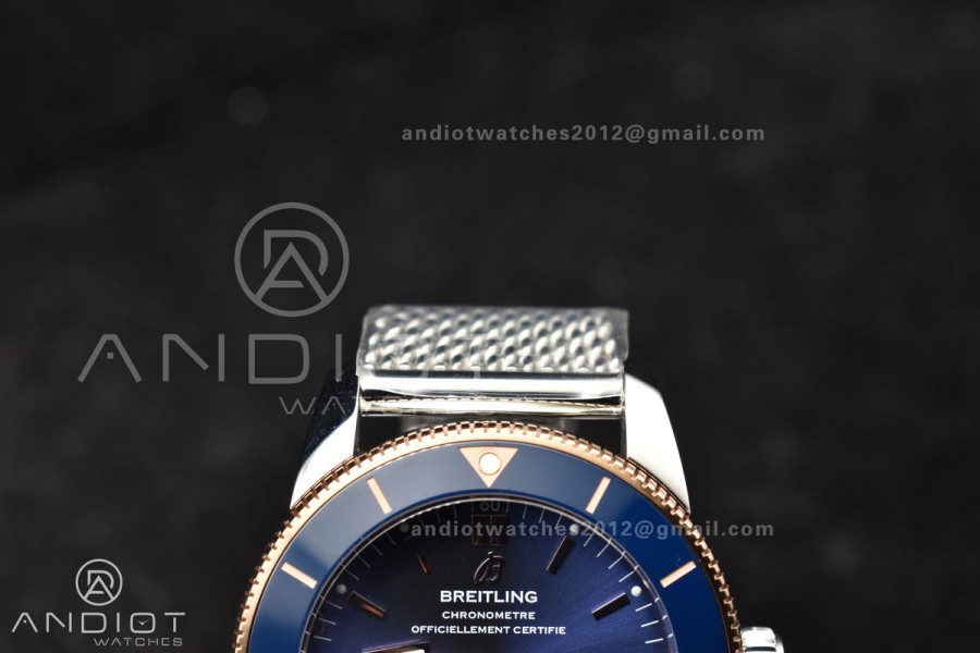 SuperOcean Heritage II BLSF 42mm SS Blue Dial Blue Ceramic Bezel on RG Bezel and Mesh Bracelet A2824