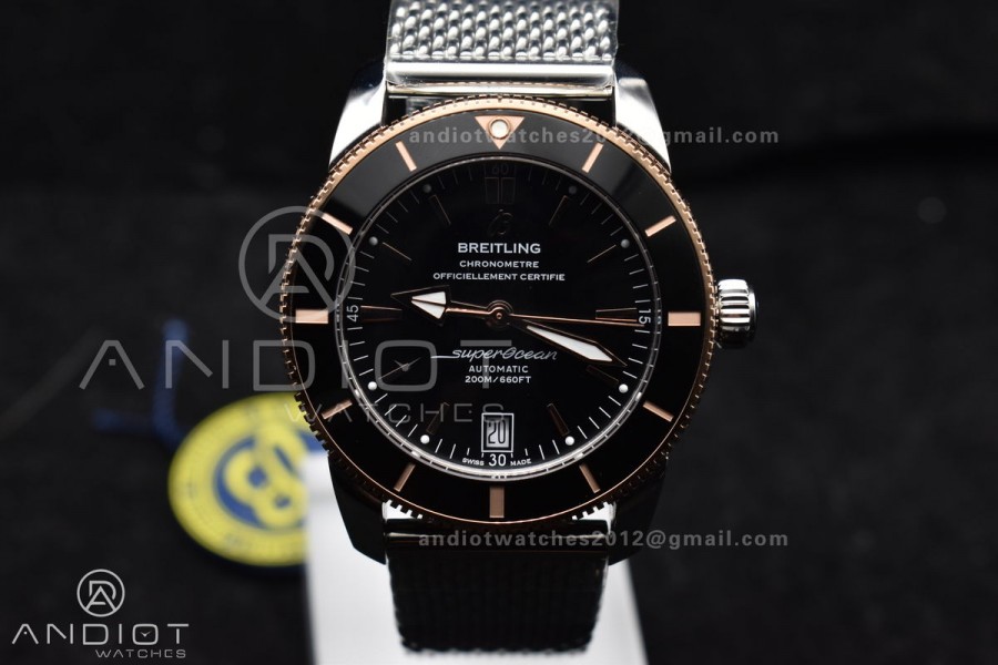SuperOcean Heritage II BLSF 42mm SS Black Dial Black Ceramic Bezel on RG Bezel and Rubber Bracelet A2824