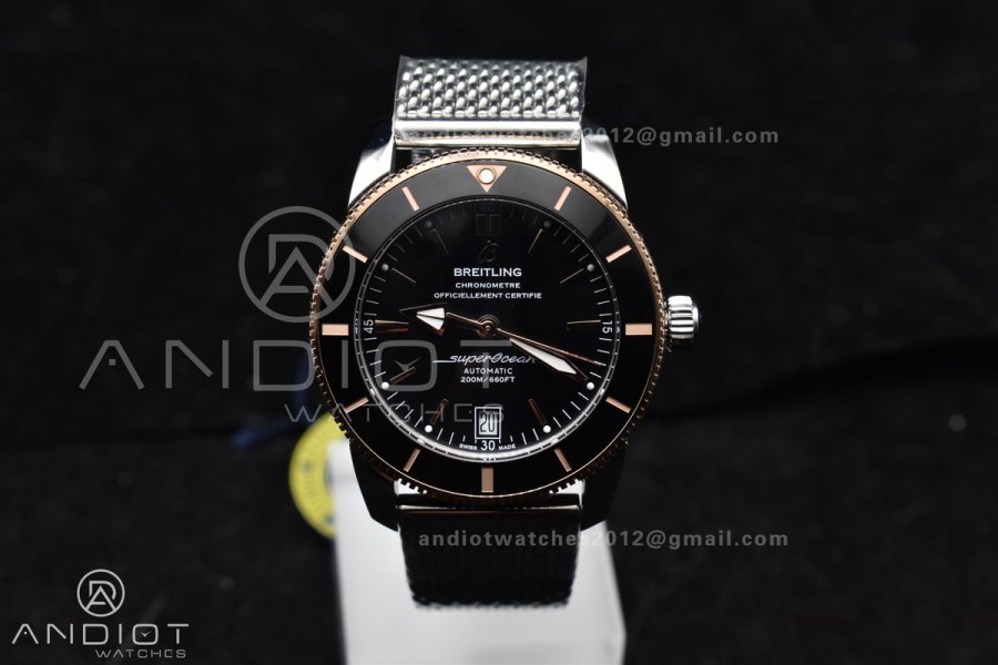 SuperOcean Heritage II BLSF 42mm SS Black Dial Black Ceramic Bezel on RG Bezel and Rubber Bracelet A2824