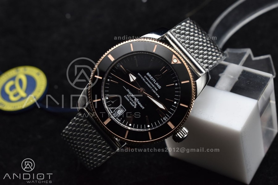 SuperOcean Heritage II BLSF 42mm SS Black Dial Black Ceramic Bezel on RG Bezel and Rubber Bracelet A2824