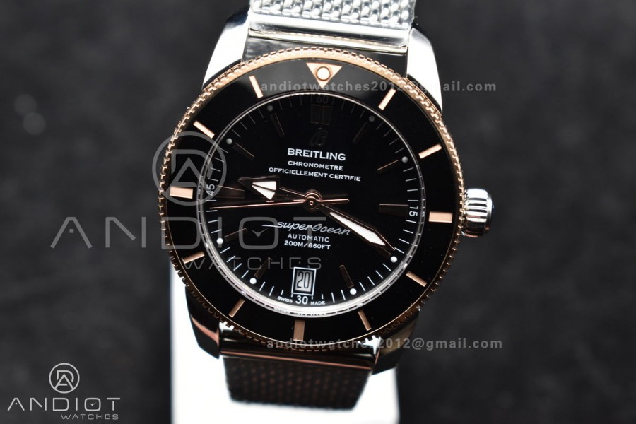 SuperOcean Heritage II BLSF 42mm SS Black Dial Black Ceramic Bezel on RG Bezel and Rubber Bracelet A2824