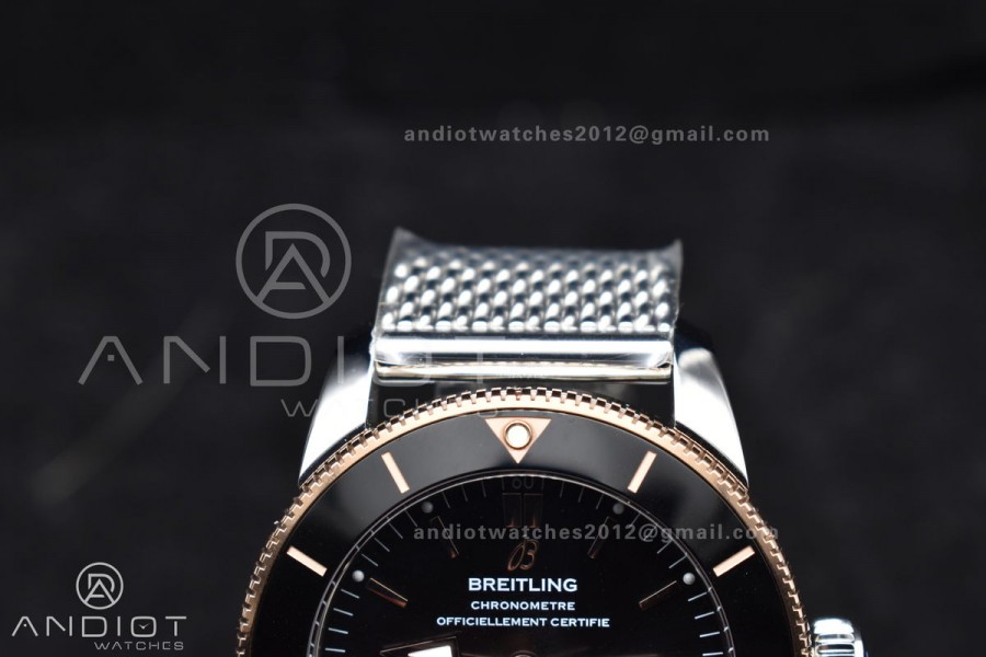 SuperOcean Heritage II BLSF 42mm SS Black Dial Black Ceramic Bezel on RG Bezel and Rubber Bracelet A2824