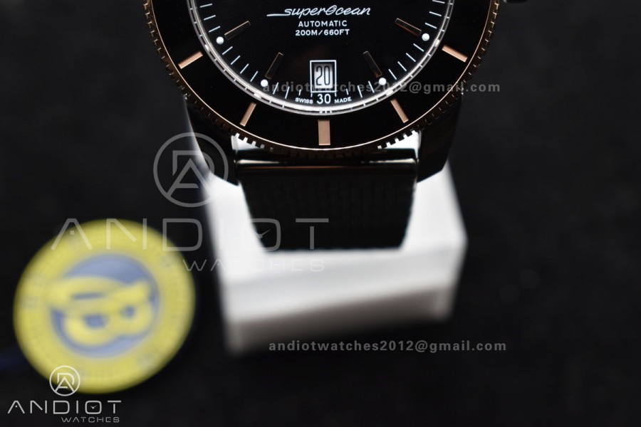 SuperOcean Heritage II BLSF 42mm SS Black Dial Black Ceramic Bezel on RG Bezel and Rubber Bracelet A2824