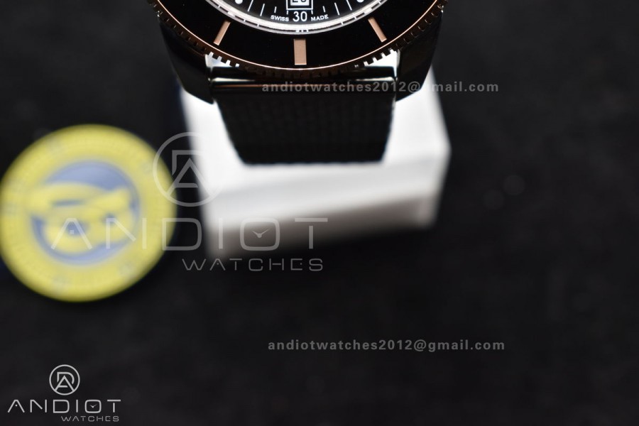 SuperOcean Heritage II BLSF 42mm SS Black Dial Black Ceramic Bezel on RG Bezel and Rubber Bracelet A2824