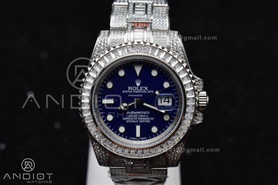 Submariner 40mm Full Diamonds SS AMGF Best Edition Blue Dial On Bracelet On VR3135