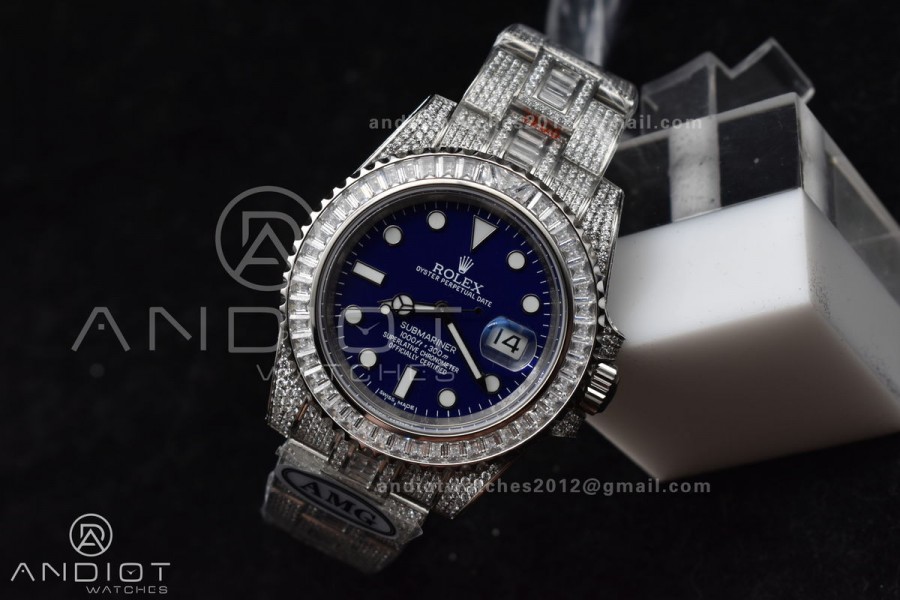 Submariner 40mm Full Diamonds SS AMGF Best Edition Blue Dial On Bracelet On VR3135