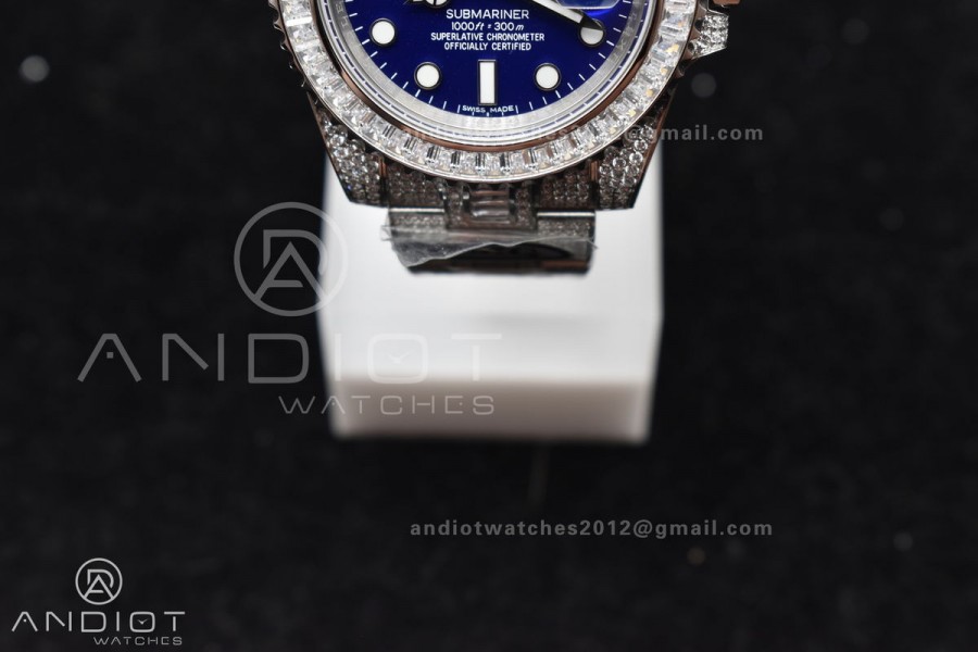 Submariner 40mm Full Diamonds SS AMGF Best Edition Blue Dial On Bracelet On VR3135