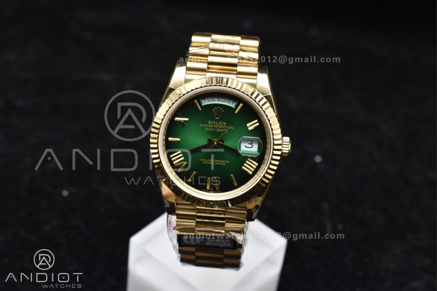 DayDate 40 YG QF Best Edition 904L Steel Green/Black Dial on President Bracelet A2836 V4 (Gain Weight)