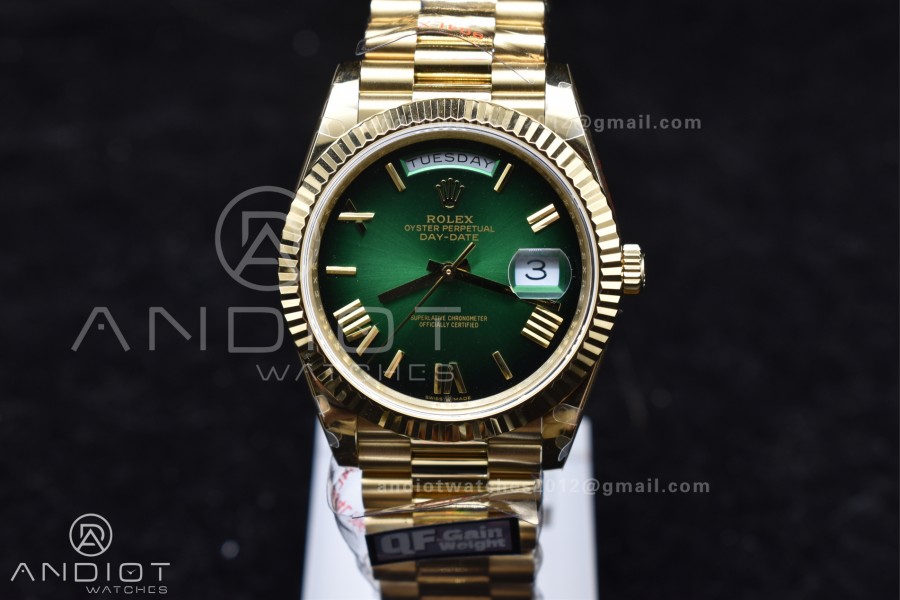 DayDate 40 YG QF Best Edition 904L Steel Green/Black Dial on President Bracelet A2836 V4 (Gain Weight)