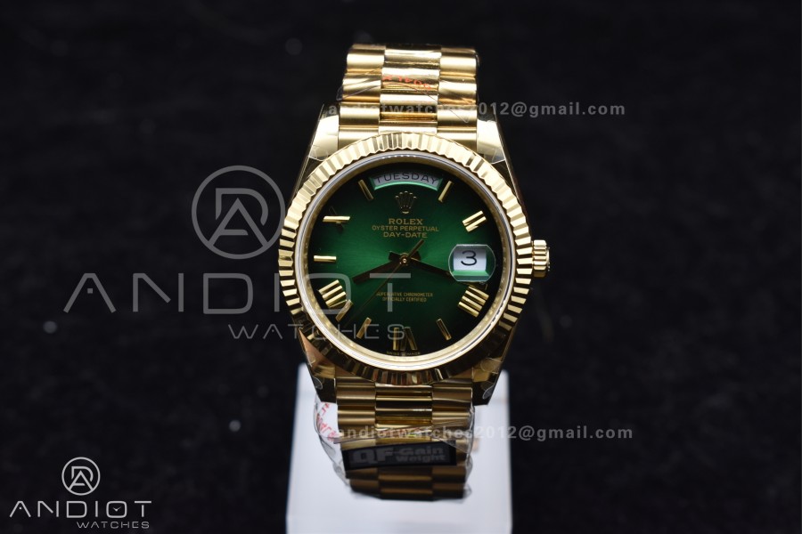 DayDate 40 YG QF Best Edition 904L Steel Green/Black Dial on President Bracelet A2836 V4 (Gain Weight)