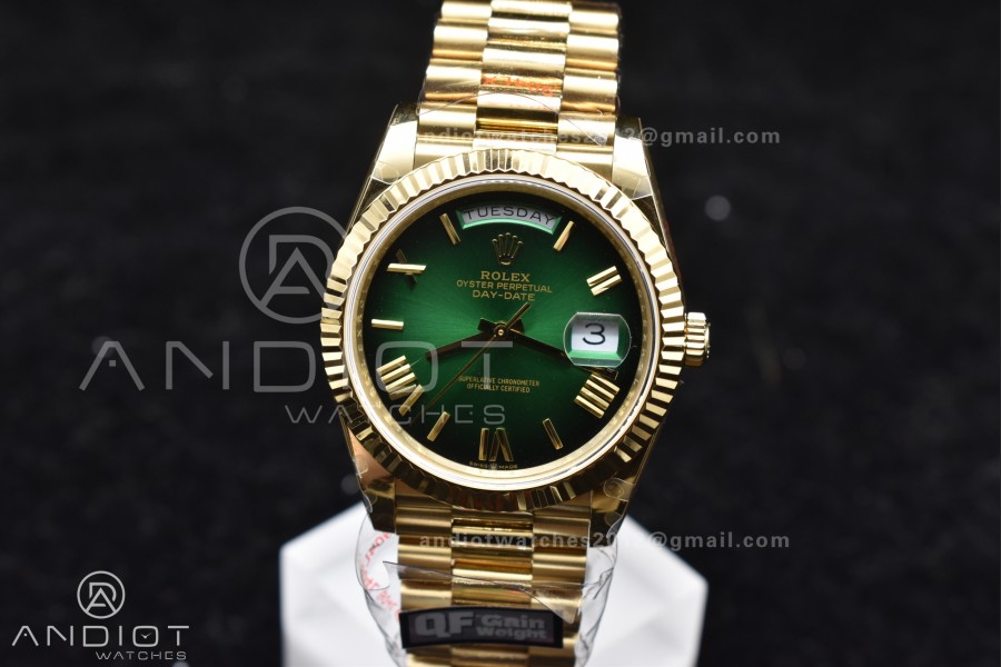 DayDate 40 YG QF Best Edition 904L Steel Green/Black Dial on President Bracelet A2836 V4 (Gain Weight)