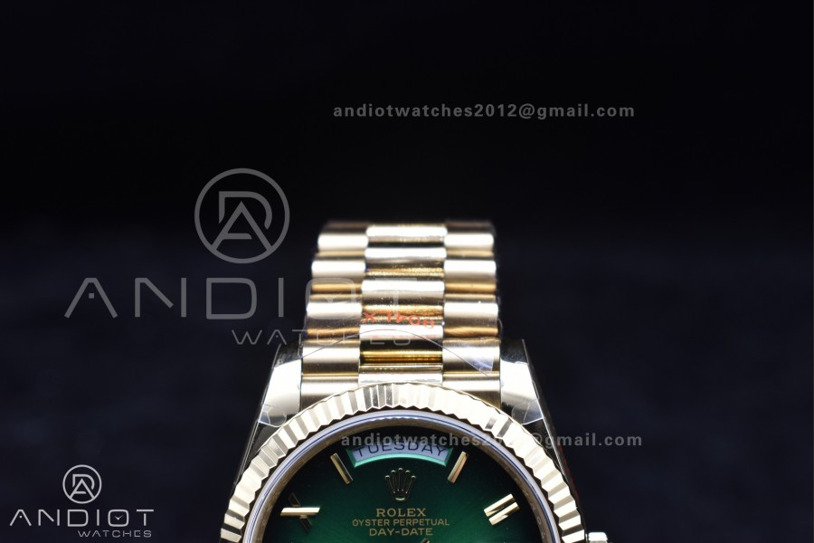 DayDate 40 YG QF Best Edition 904L Steel Green/Black Dial on President Bracelet A2836 V4 (Gain Weight)