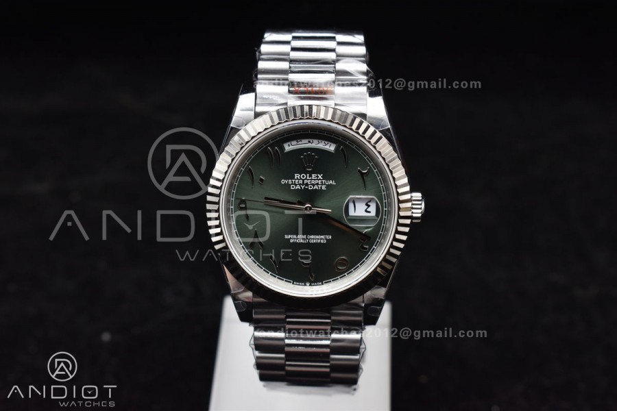 DayDate 40 SS JDF 904L Steel Green Arabic Dial on President Bracelet VR3255 V3 (Gain Weight)
