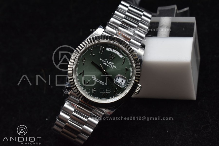 DayDate 40 SS JDF 904L Steel Green Arabic Dial on President Bracelet VR3255 V3 (Gain Weight)
