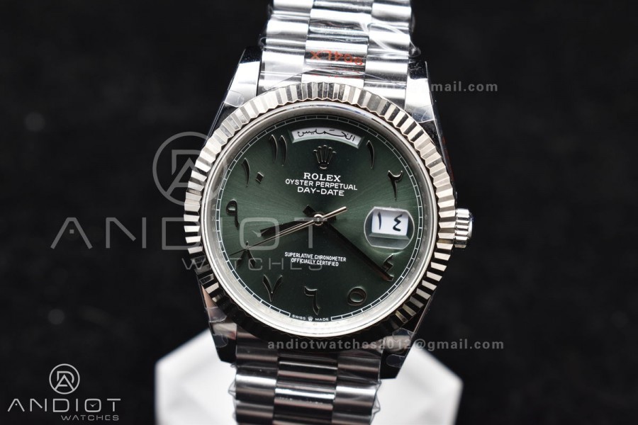 DayDate 40 SS JDF 904L Steel Green Arabic Dial on President Bracelet VR3255 V3 (Gain Weight)