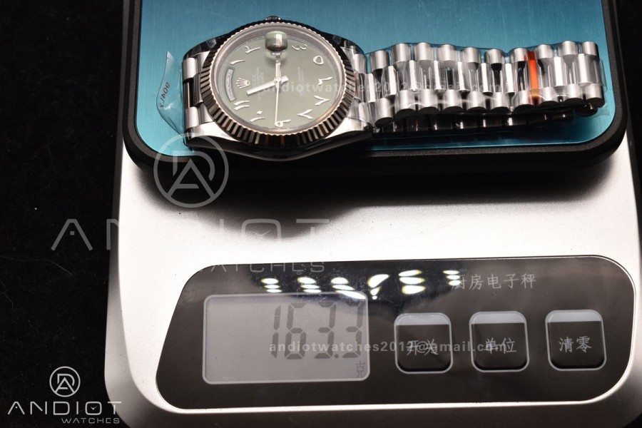 DayDate 40 SS JDF 904L Steel Green Arabic Dial on President Bracelet VR3255 V3 (Gain Weight)