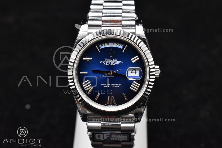 DayDate 40 SS QF Best Edition 904L Steel Blue/Black Dial on President Bracelet A2836 V4 (Gain Weight)
