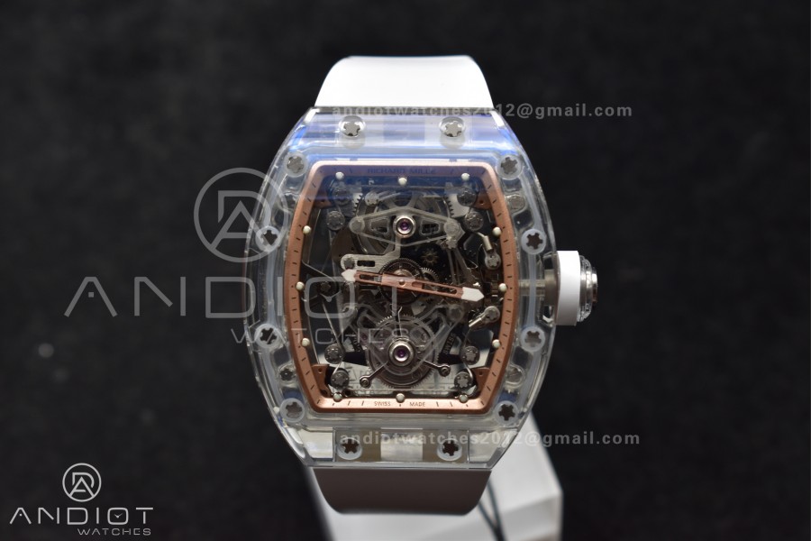 RM56-02 Transparent Tourbillon RMF Best Edition Skeleton Gold Dial on White Rubber Strap