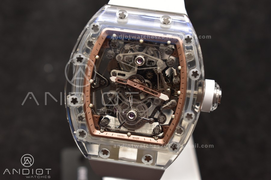 RM56-02 Transparent Tourbillon RMF Best Edition Skeleton Gold Dial on White Rubber Strap