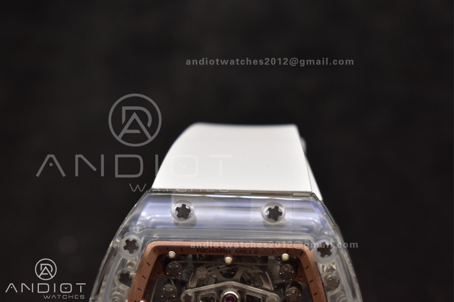 RM56-02 Transparent Tourbillon RMF Best Edition Skeleton Gold Dial on White Rubber Strap