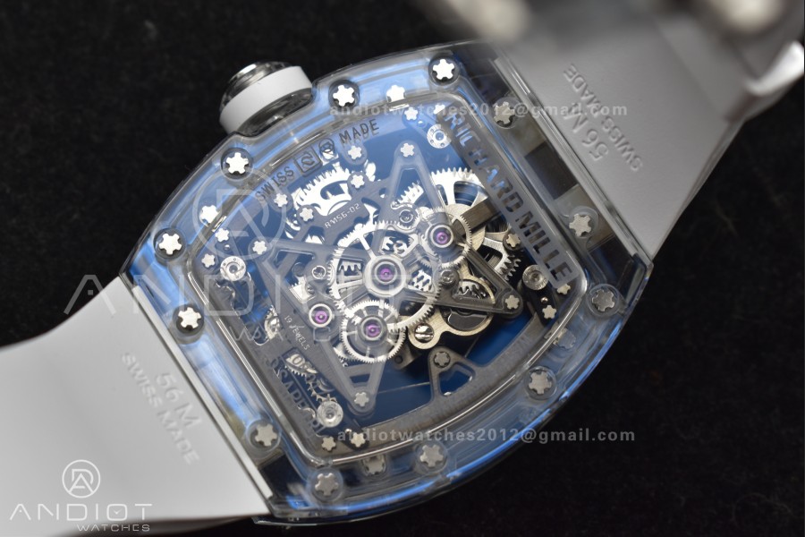 RM56-02 Transparent Tourbillon RMF Best Edition Skeleton Gold Dial on White Rubber Strap